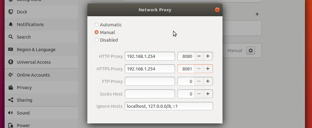  okno dialogowe ustawień serwera Proxy Ubuntu